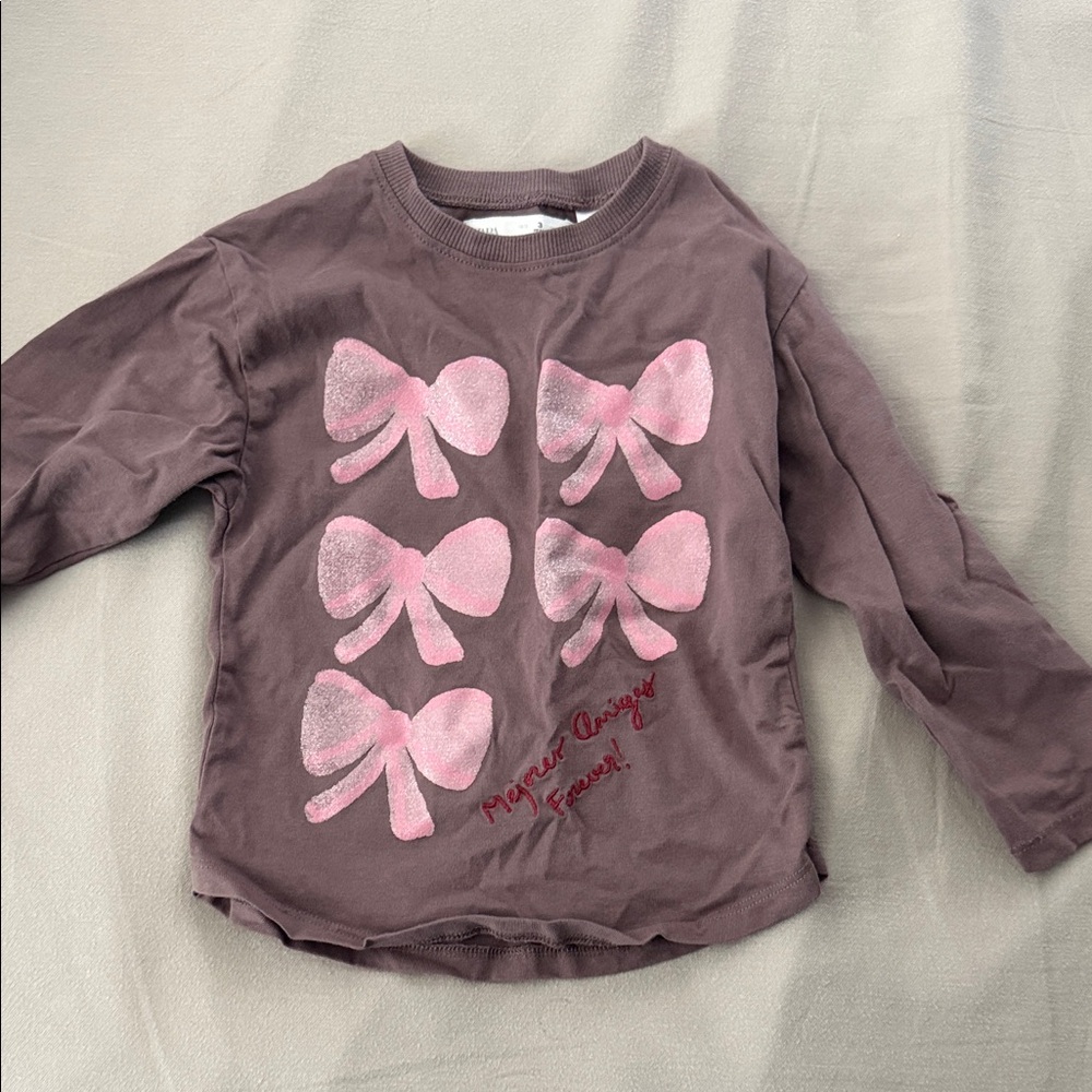 Zara Mauve Long-Sleeve Tee with Pink Bow Graphics